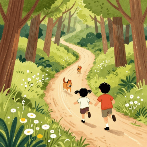 插画素材：森林冒险：双童伴犬奔跑的绘本场景
