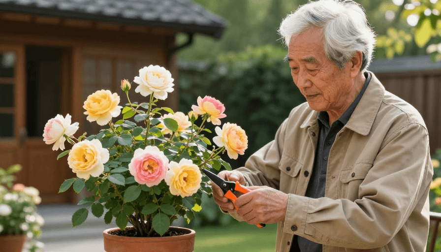 摄影写实素材：专注修剪月季的优雅长者：生活美学摄影