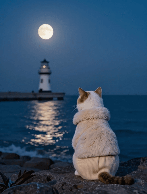 奇幻意境素材：月光灯塔下的猫咪守望者：静谧海边奇幻时刻