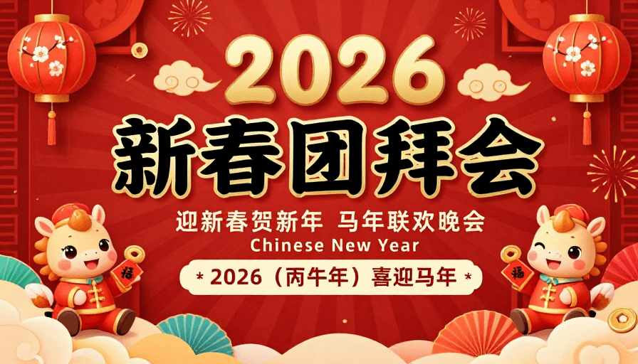 新年庆祝素材：2026新春团拜会：传统中国风喜庆新年海报