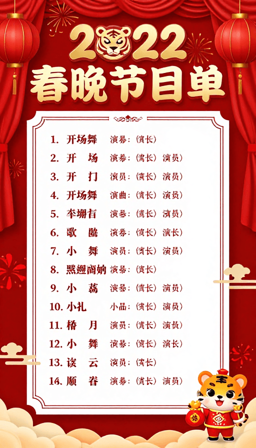 春节晚会素材：2022春节晚会喜庆节目单海报：传统与现代交融