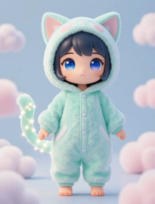 可爱风格素材：萌系猫耳少女：星空瞳眸与LED灯串缠绕的梦幻立绘
