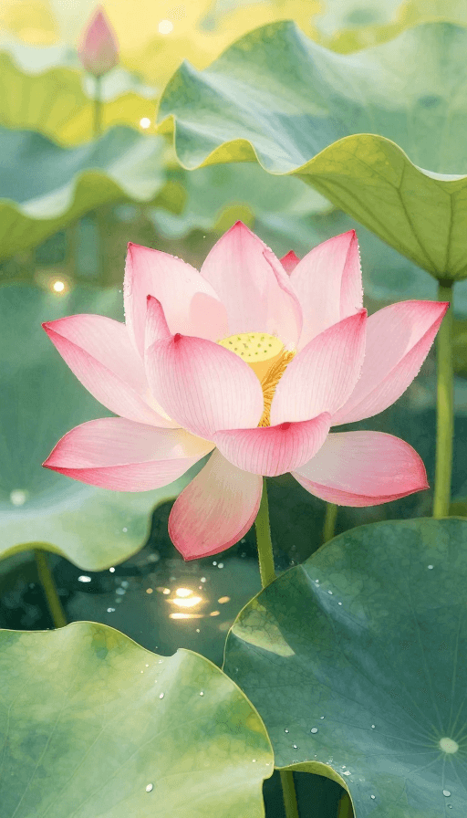 水彩艺术风格素材：夏日水彩荷花：粉嫩花瓣与翠绿荷叶交织