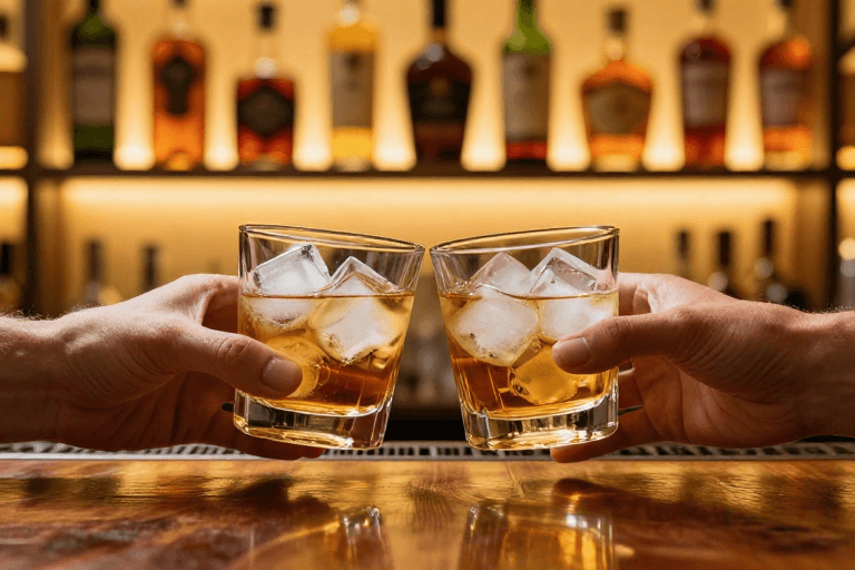 光影艺术素材：琥珀酒液轻碰，暖光下的奢华时刻