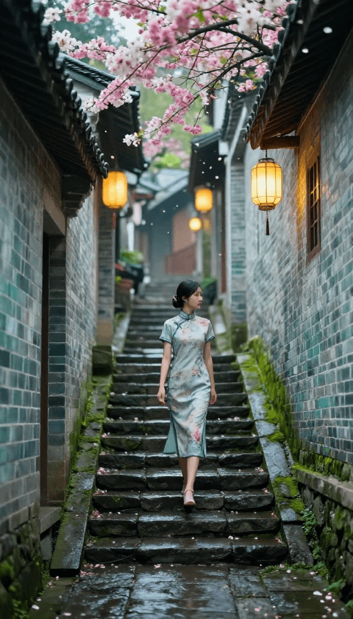 艺术摄影素材：青石巷中旗袍佳人：梦幻光影下的古镇奇幻之旅