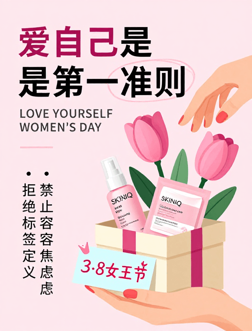 情感营销素材：3.8女王节简约手绘海报：女性自爱理念与产品推广