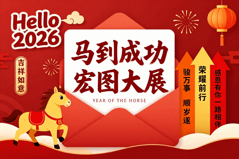 新年主题素材：2026新年中国风插画海报：红韵马到成功