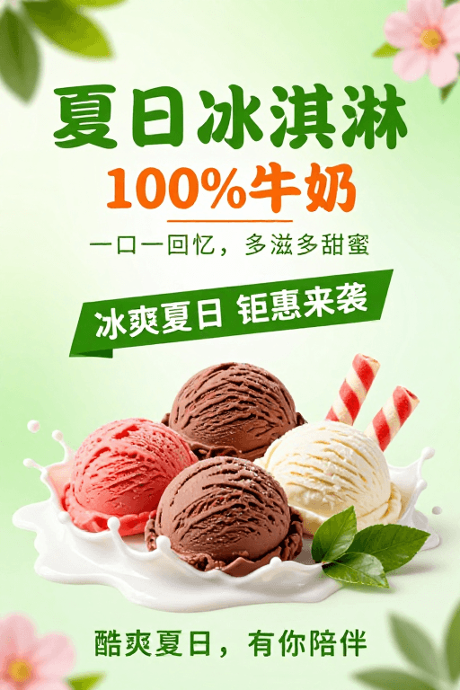 简约设计素材：清新夏日冰淇淋海报：美味与自然的完美融合