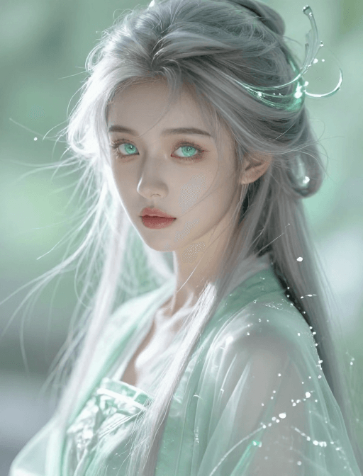 透明背景素材：薄荷绿古风少女银发特写插画