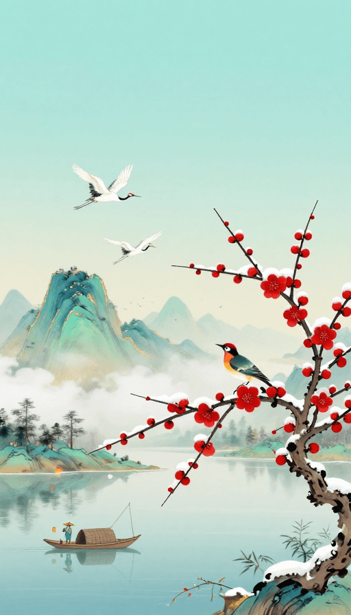 扁舟垂钓素材：青蓝渐变水墨山水：覆雪红梅白鹤扁舟图