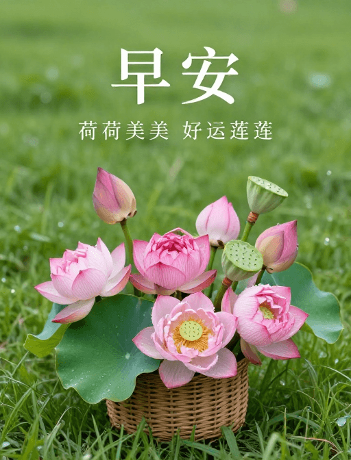 早安问候素材：荷香晨韵：篮中满莲送你好运早安祝福