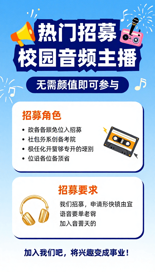 插画海报素材：校园音频主播招募：活力青春召集令