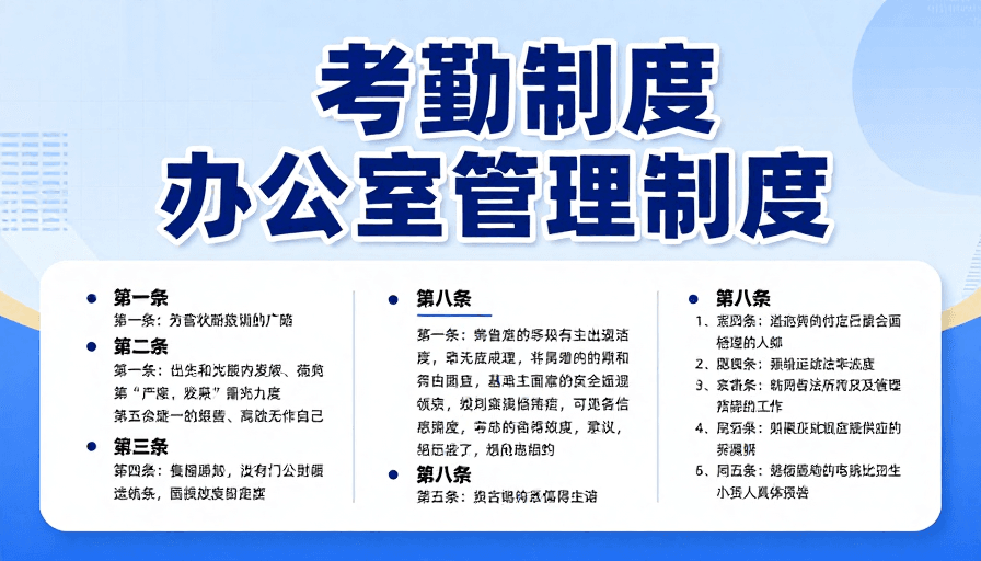 专业排版素材：蓝白考勤制度海报，专业排版办公室管理规范