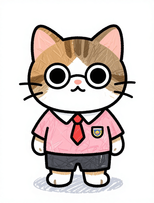 Q版卡通素材：呆萌猫穿粉校服：拉尔夫斯蒂德曼式诙谐手绘插画