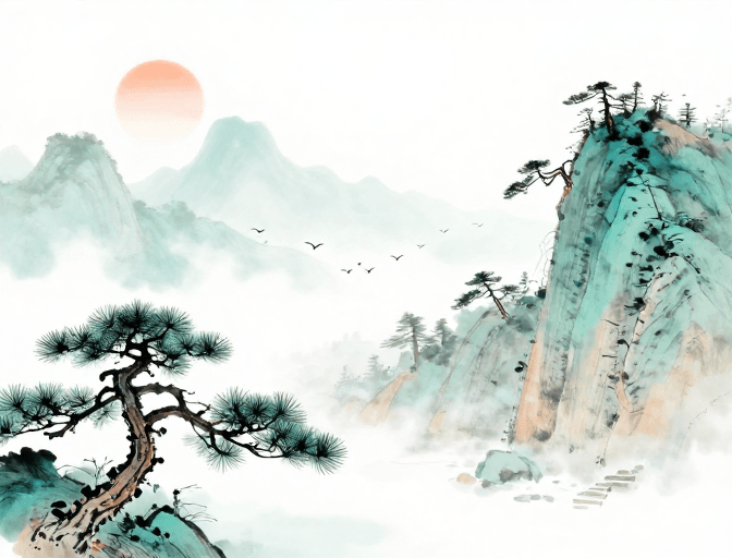 海报素材素材：青绿山水意境：水墨留白之静谧画卷