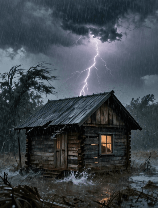 电影感素材：风雨侵袭下的孤木屋：阴郁与孤独的警示画面