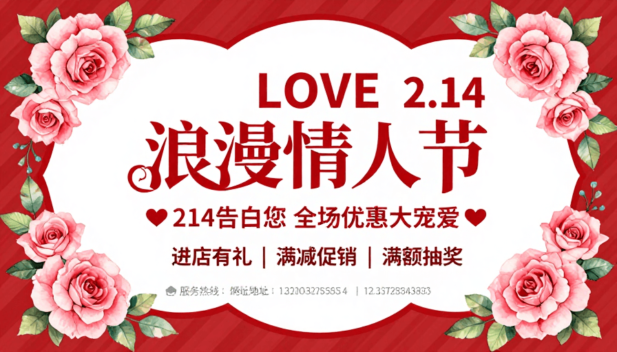 情人节素材：情人节浪漫促销海报，红色玫瑰营造温馨氛围