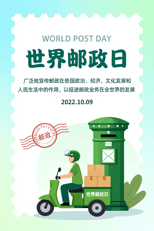 蓝绿渐变素材：清新蓝绿渐变世界邮政日扁平宣传海报