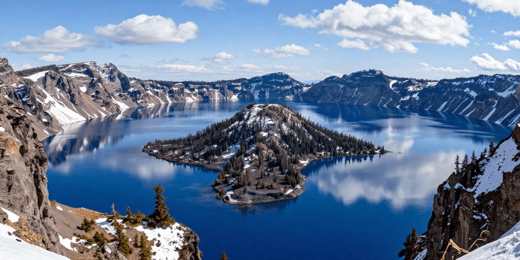 商业品质素材：雪山环抱的火山口湖全景：冷峻自然之美