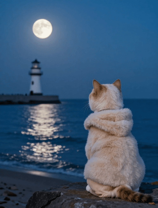 治愈系风格素材：月夜灯塔：海边猫咪望海瞬间