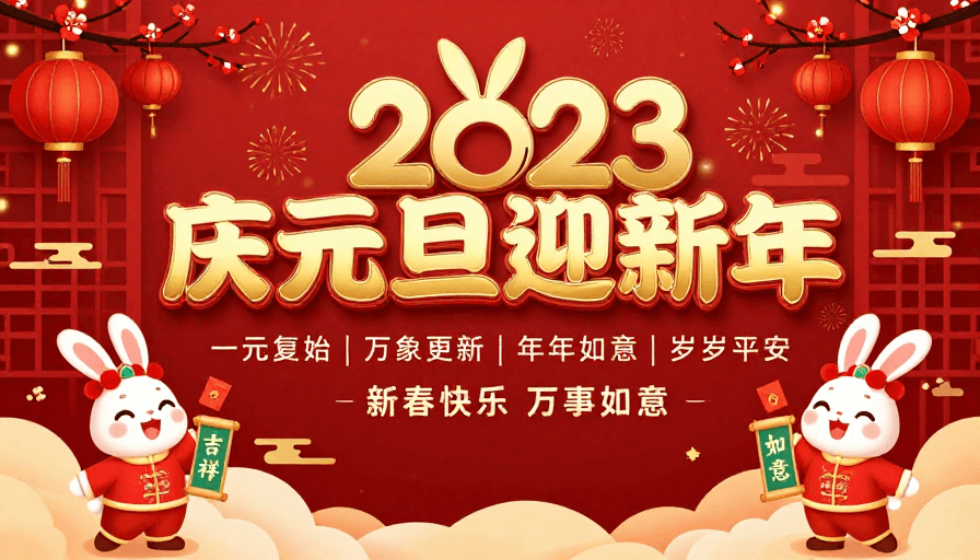 喜庆设计素材：2023兔年新年海报：红金喜庆中国风设计