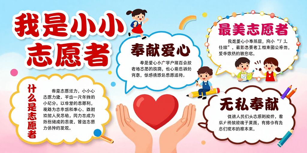 彩色渐变背景素材：童趣手绘儿童志愿者海报：传递爱与希望