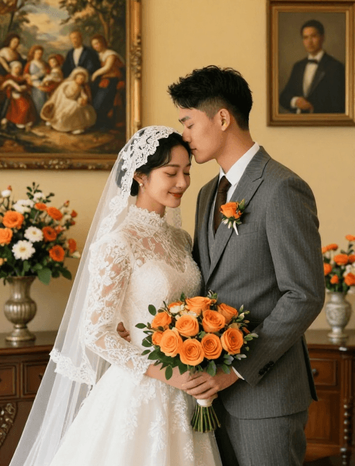 婚礼摄影素材：亚洲新人优雅婚礼瞬间，古典背景下的温馨爱恋