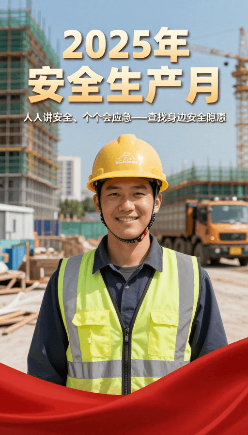 安全月宣传素材：2025年安全生产月主题宣传，工地施工场景展现安全与应急意识