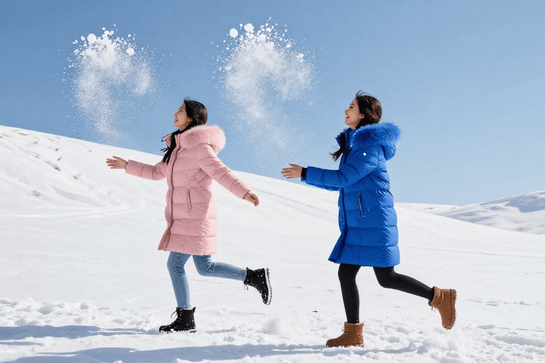户外人像素材：雪地嬉戏：两位女子粉蓝羽绒服动态抛雪瞬间