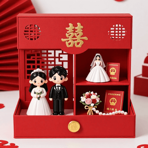 烫金工艺素材：新中式朱红婚庆盲盒礼盒设计图