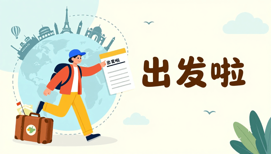 世界地标素材：扁平旅行插画：轻盈云端出发之旅
