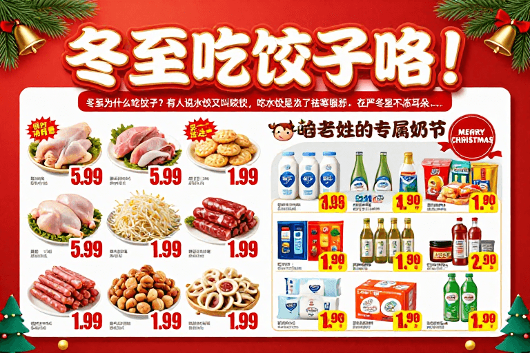 红金配色素材：冬至圣诞双节日庆促销海报，红金主色调营造喜庆氛围