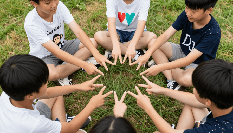青少年活动素材：青春友谊：六位少年草地手比心环