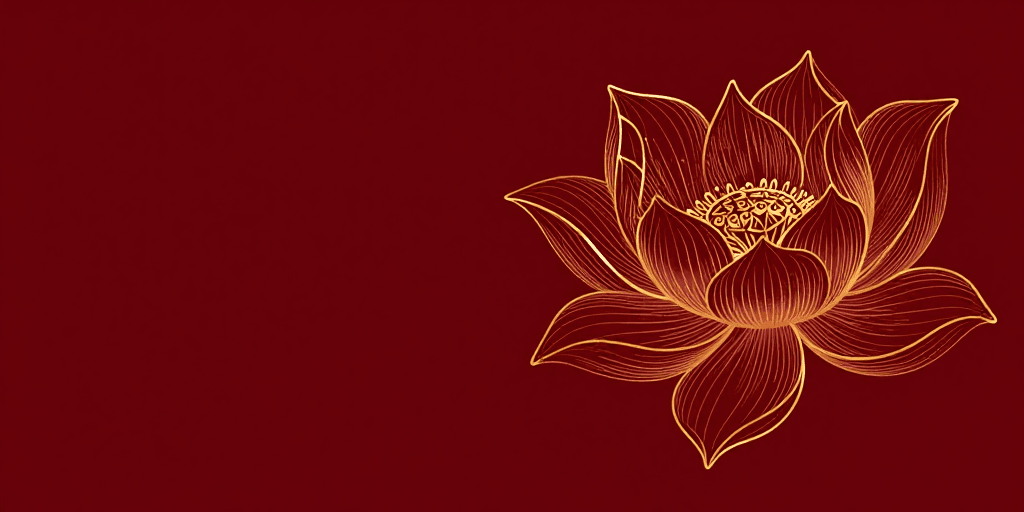中式线描素材：禅意莲花：深酒红背景装饰艺术线描