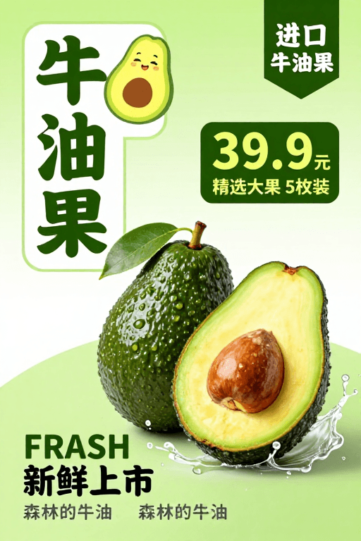 新鲜上市素材：清新绿调进口牛油果促销海报，彰显自然健康
