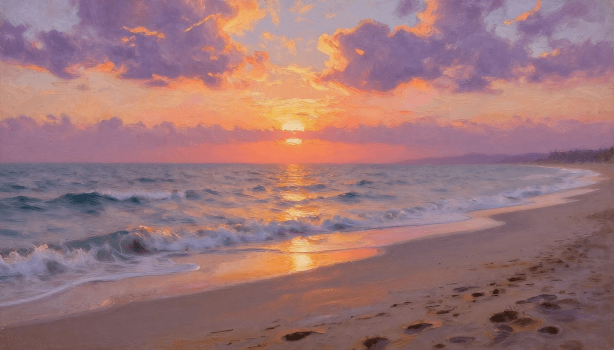 油画技法素材：印象派油画：宁静海滩日落