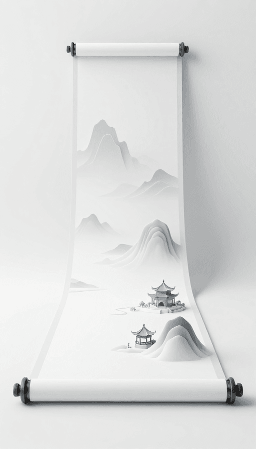 新中式美学素材：新中式极简画卷：立体山川楼阁的东方雅韵