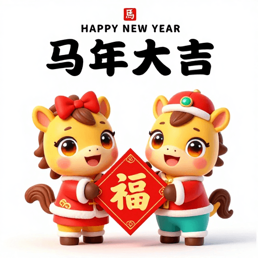 马年吉祥素材：喜庆卡通小马托福字贺年新岁