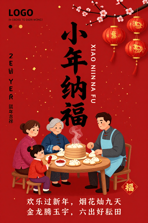 家庭聚餐素材：红韵年味：温馨手绘鼠年纳福全家福插画