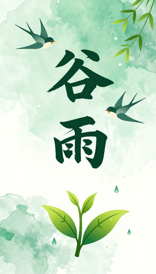 矢量插画素材：水墨燕子与嫩芽：谷雨时节诗意画卷