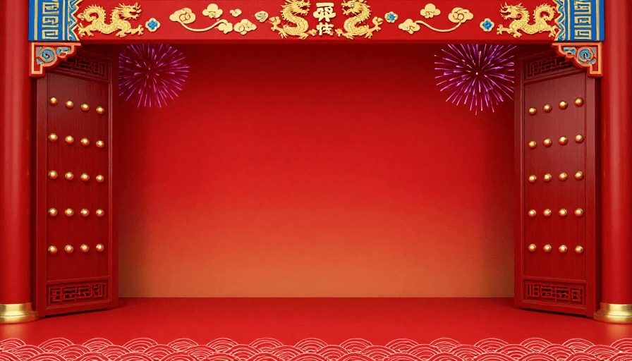 对称设计素材：喜庆中式庆典舞台背景：祥龙云纹红绸幕布