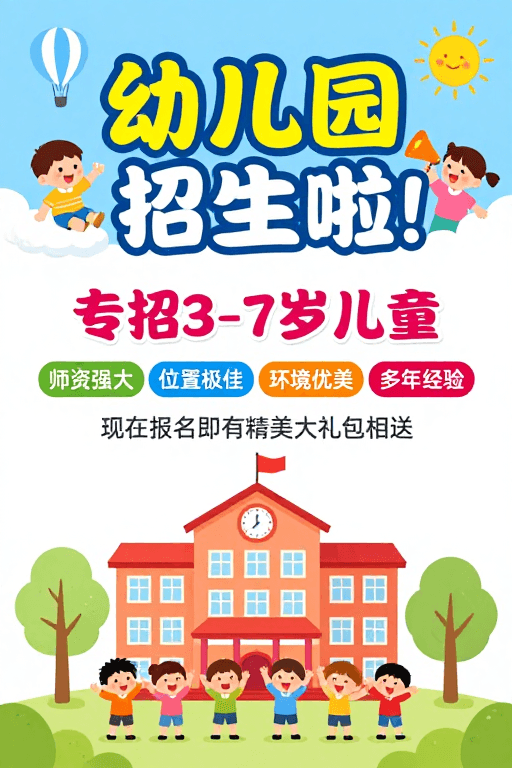 扁平化插画素材：童趣蓝白设计 活力幼儿园招生海报