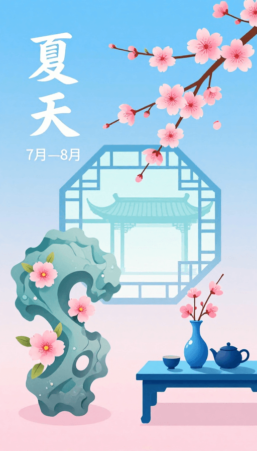 新中式素材：新中式夏日意境插画海报