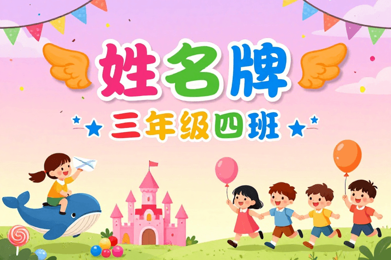 彩色渐变背景素材：梦幻童话风儿童班级姓名牌海报