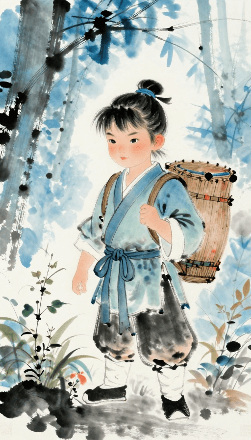 艺术插画素材：水墨少侠采药：密林中的童趣与诗意