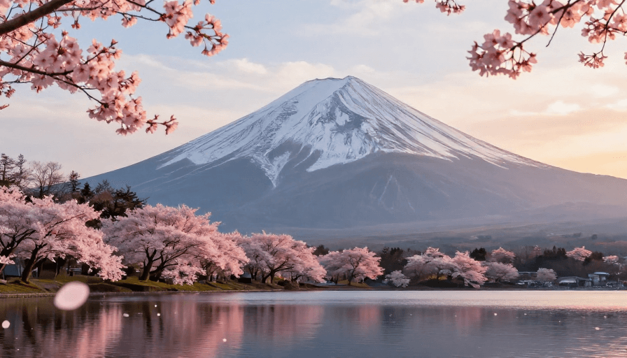 樱花素材：富士山樱景晨曦：高清自然摄影