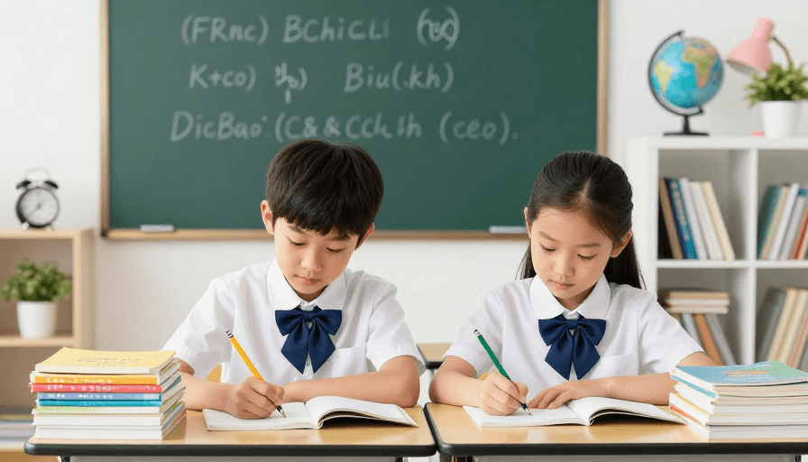学生课堂素材：专注学习的校服学生：温暖光影下的课堂实景