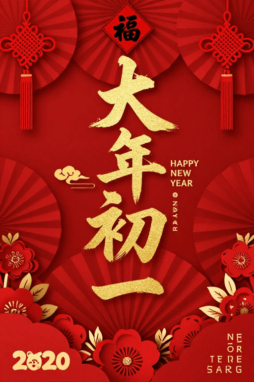 喜庆装饰素材：正红鎏金书法‘大年初一’中国风新年贺岁图