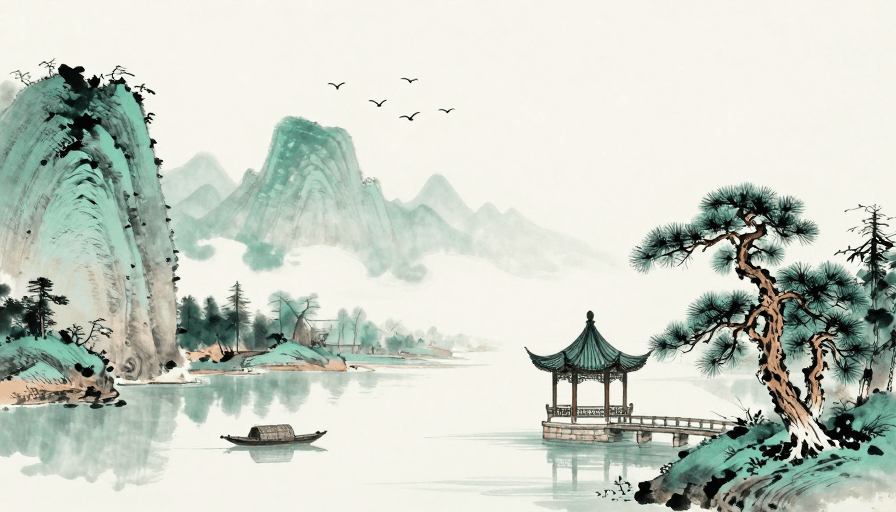 留白艺术素材：青绿山水诗意画卷：飞鸟掠水之景