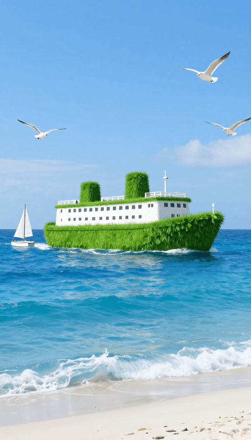 梦幻插画素材：大草巨轮遨游宝石蓝海，海鸥伴航白色沙滩